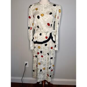 1980s Studio E Red Yellow Polka Dot Bows Maximalist Artsy Peplum Midi Dress M
